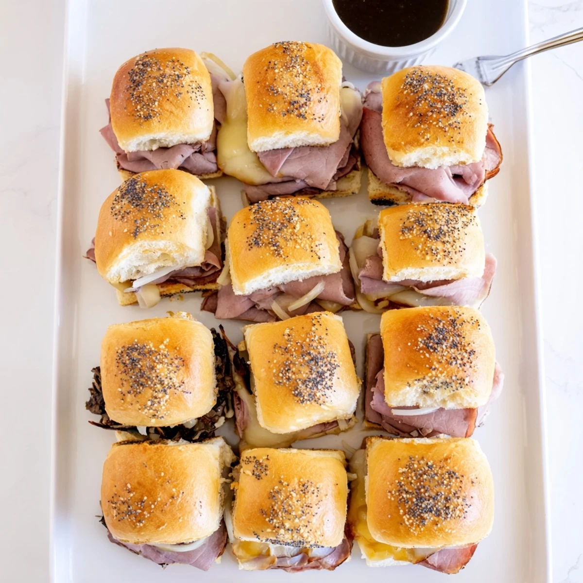 Close up of tender roast beef French dip sliders topped with golden poppy seed buns ready for party platter