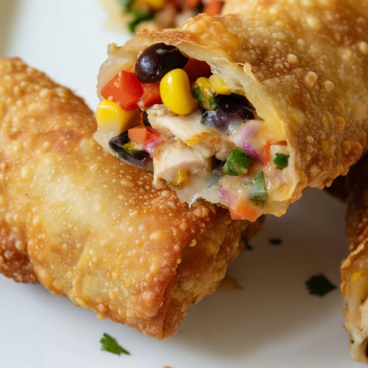 Golden crispy Southwest egg rolls filled with seasoned chicken, black beans, corn, and melted cheese