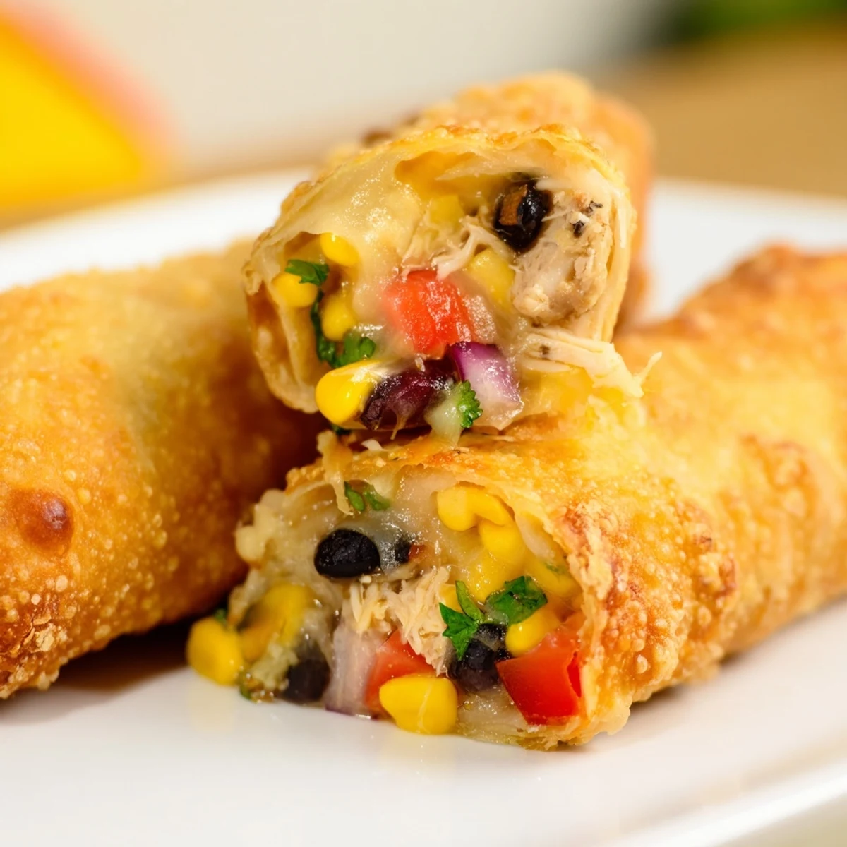 Bubbling Southwest egg rolls with spicy chicken and vegetable filling served with dipping sauces