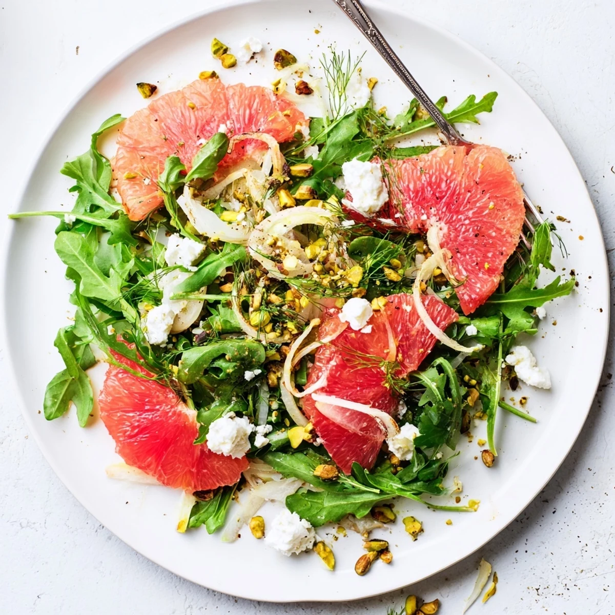 Vibrant grapefruit goat cheese fennel salad featuring arugula, sliced fennel bulbs, and toasted pistachios on white plate