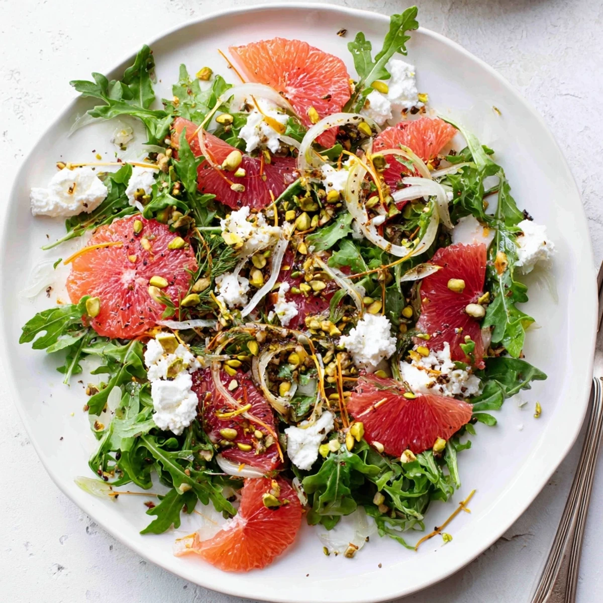 Grapefruit goat cheese fennel salad with juicy pink segments, shaved fennel, and crumbled cheese drizzled with olive oil
