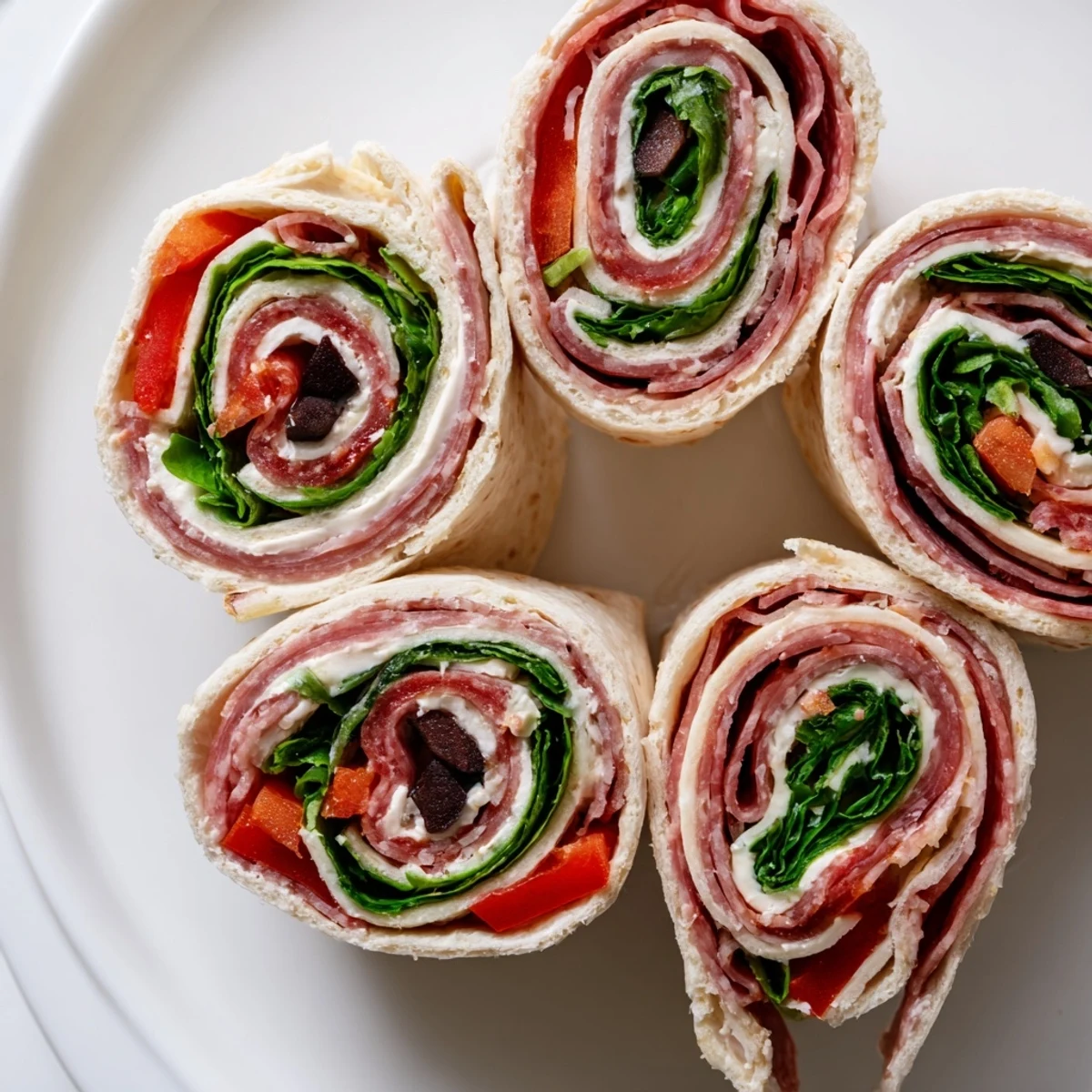 Sliced Italian pinwheel sandwiches revealing colorful layers of salami, provolone, roasted red peppers and spinach