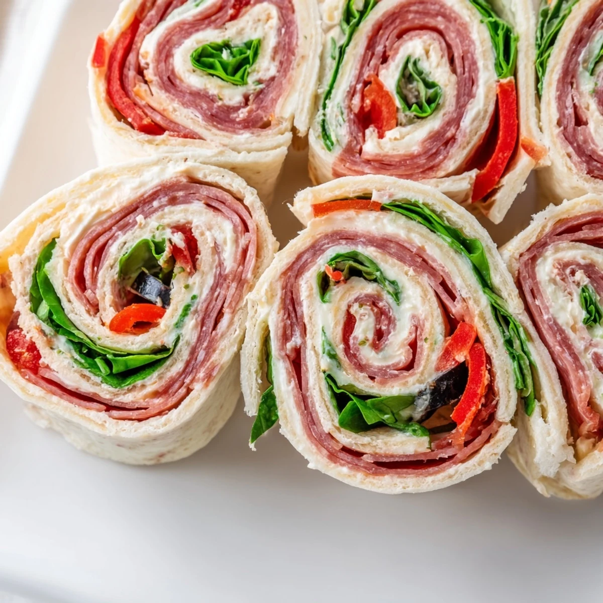 Colorful pinwheel sandwiches arranged on serving platter, showcasing spiral Italian meats, cheese and fresh vegetables