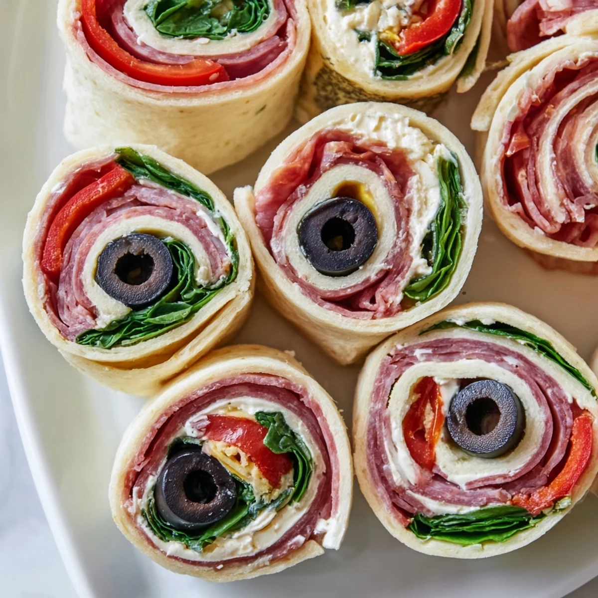 Close-up of Italian pinwheel sandwiches with visible cream cheese spread, deli ham, pepperoni and vibrant red pepper strips