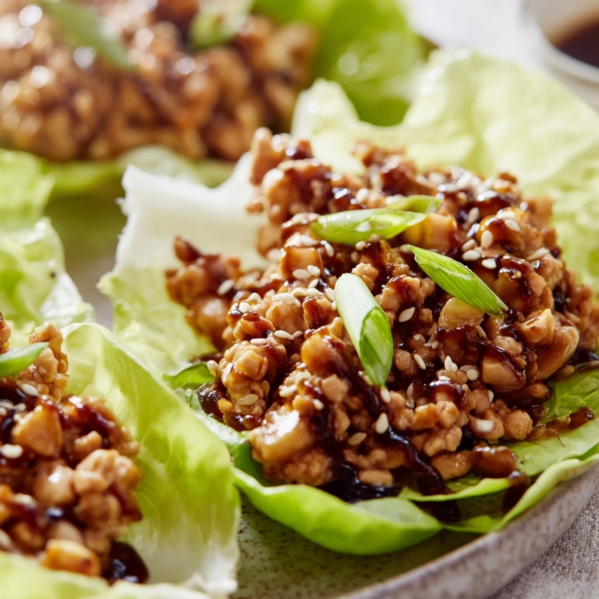 Golden brown chicken mixture with mushrooms and green onions nestled in fresh lettuce leaves