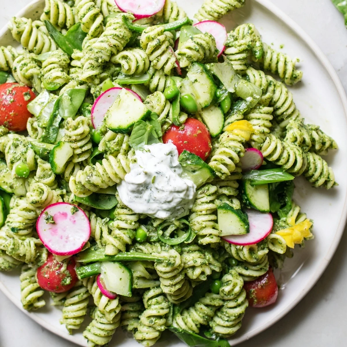 Creamy Green Goddess pasta salad with fresh herbs, crisp vegetables, and vibrant homemade dressing