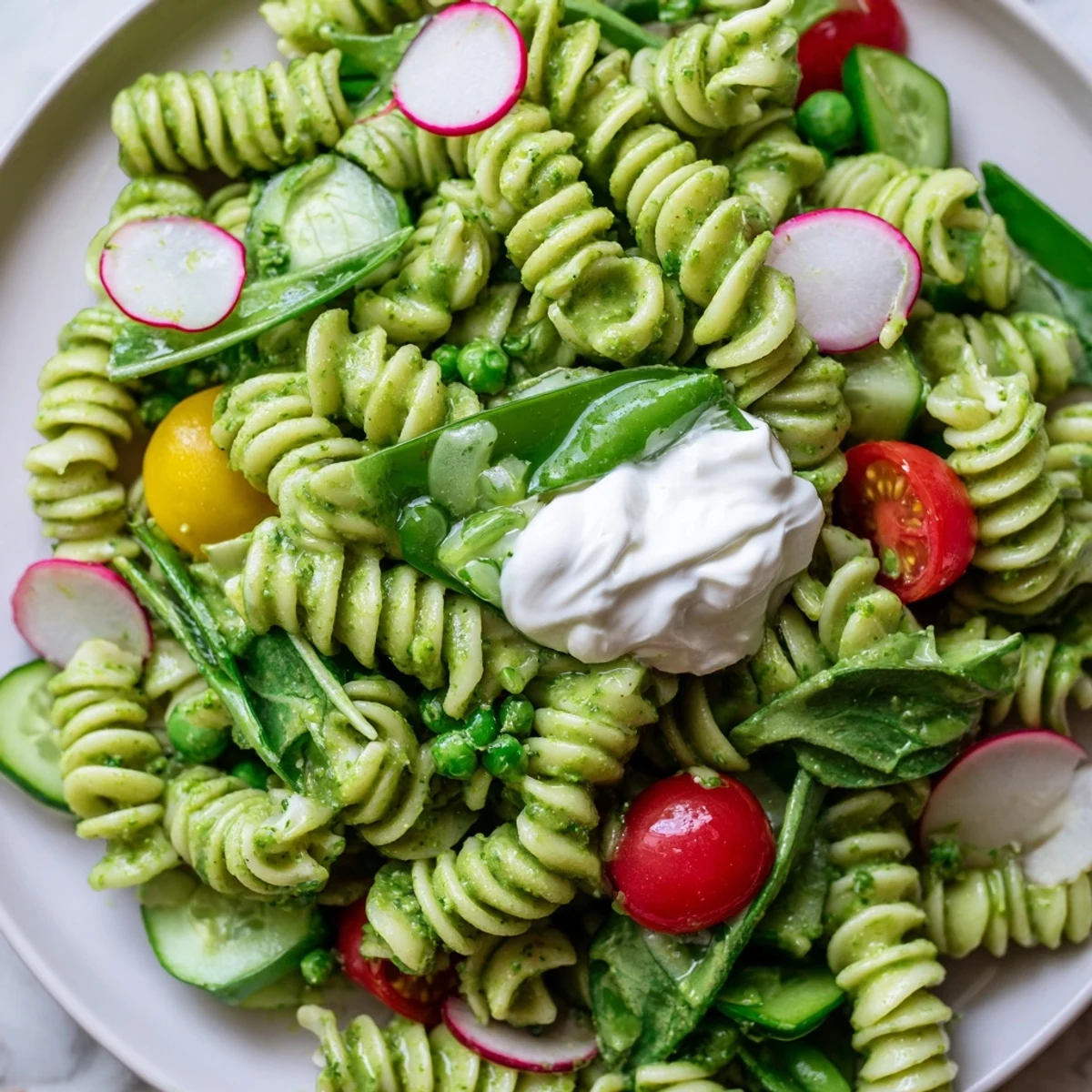 Serving of Green Goddess pasta salad topped with avocado, toasted seeds, and crisp vegetables