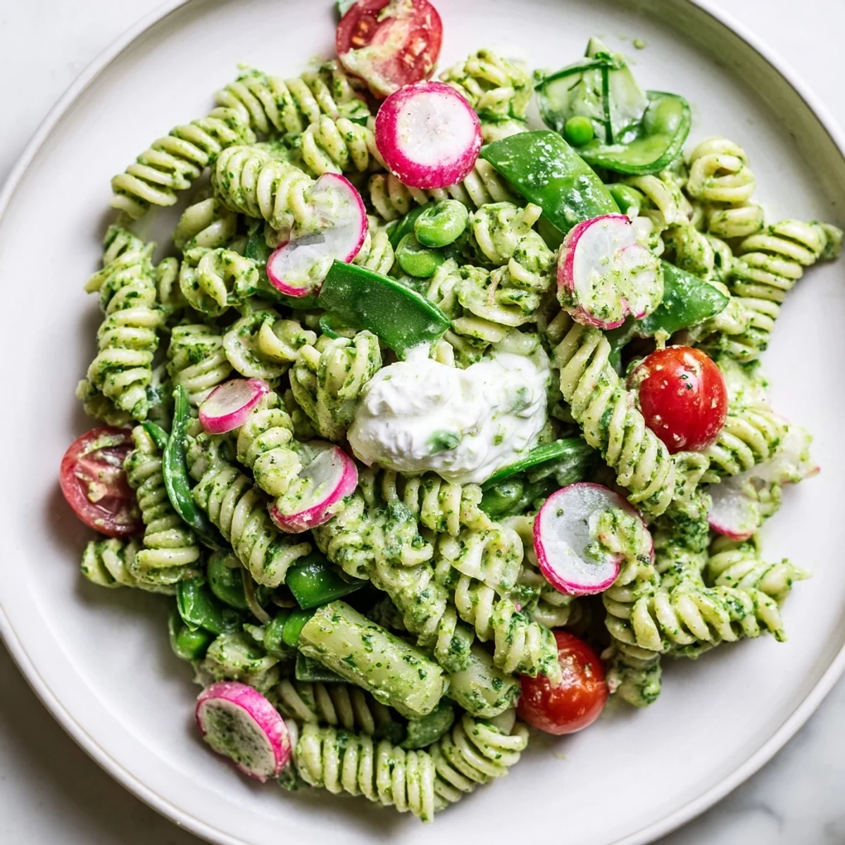 Green Goddess pasta salad featuring colorful cherry tomatoes, snap peas, and tangy herb dressing