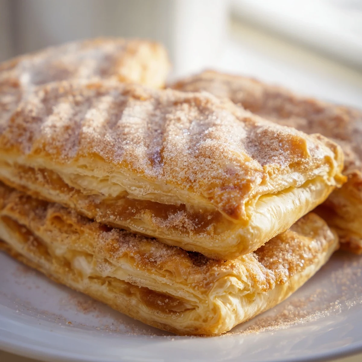 Golden brown dulce de leche pastries with flaky layers and cinnamon sugar topping