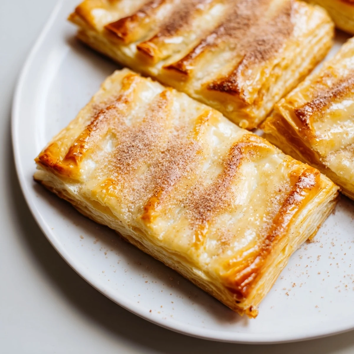 Baked puff pastry triangles filled with creamy dulce de leche center on white plate