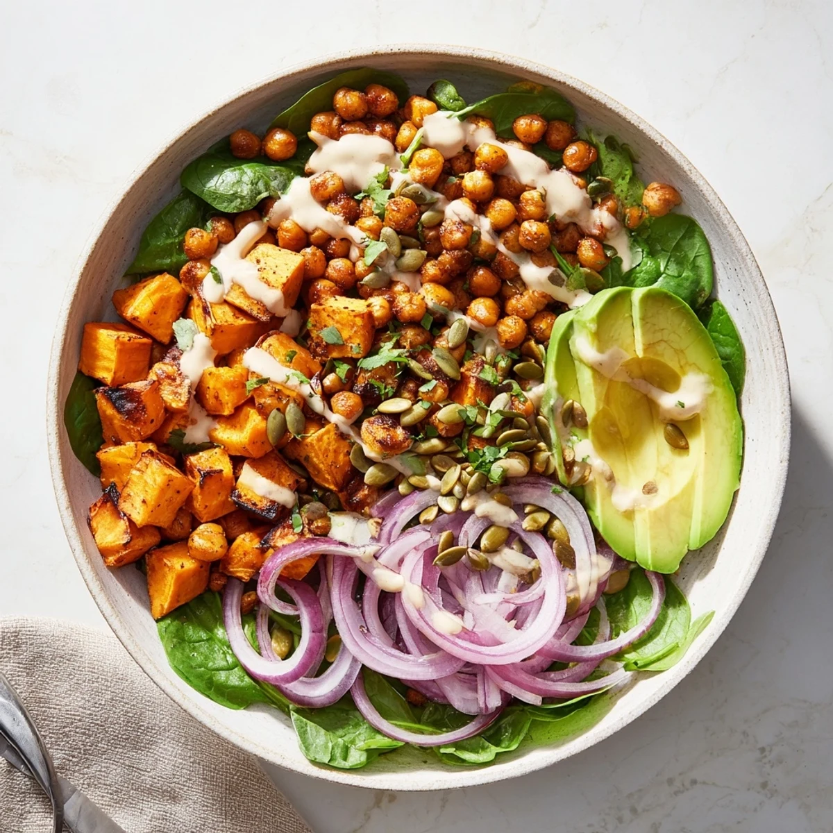 Vibrant vegetarian bowl featuring caramelized sweet potatoes and crispy spiced chickpeas with sliced avocado