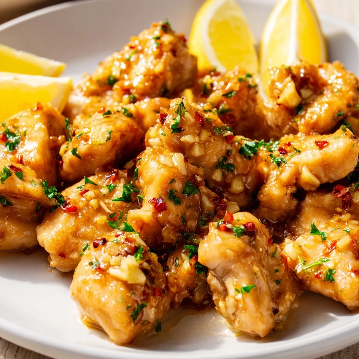 Golden brown garlic butter chicken bites served on a white plate with fresh parsley garnish