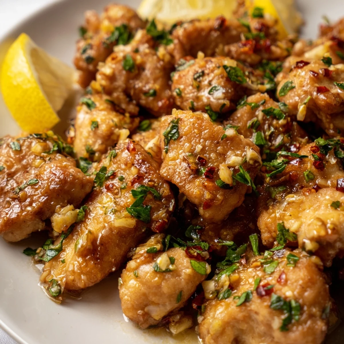 Tender juicy chicken pieces seared and coated in rich buttery garlic sauce with lemon wedges