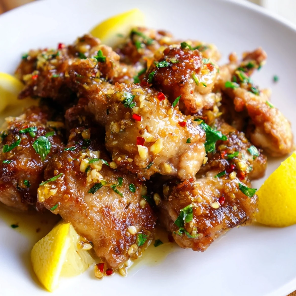 Sizzling skillet of golden chicken bites tossed in melted garlic butter with red pepper flakes