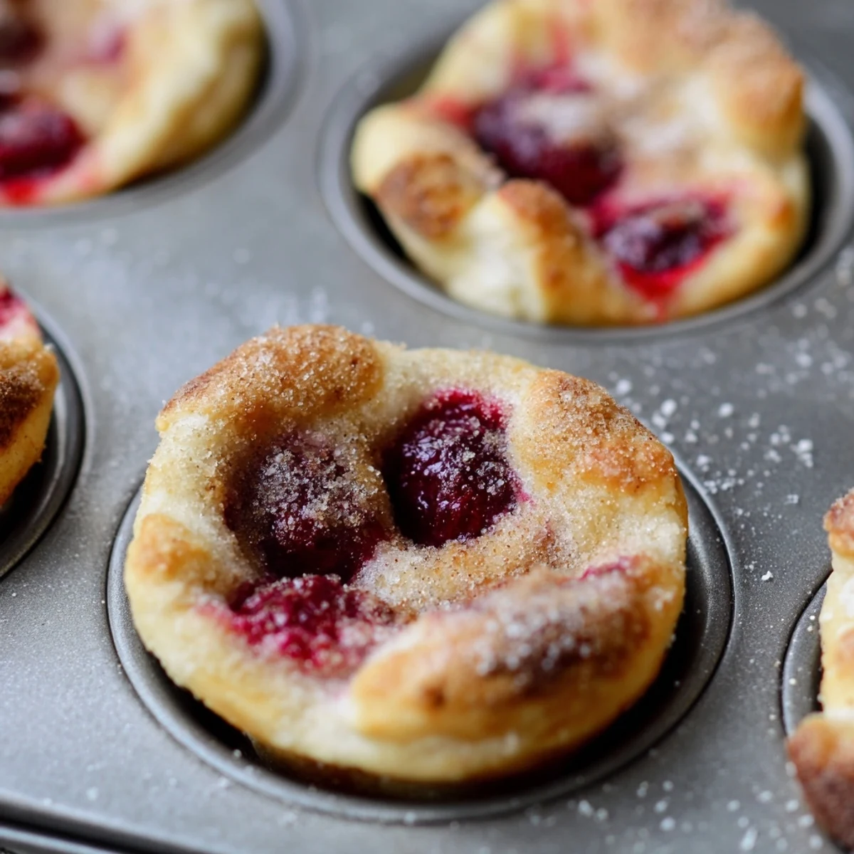 Mini cherry pie bites sprinkled with cinnamon sugar on a wooden serving board