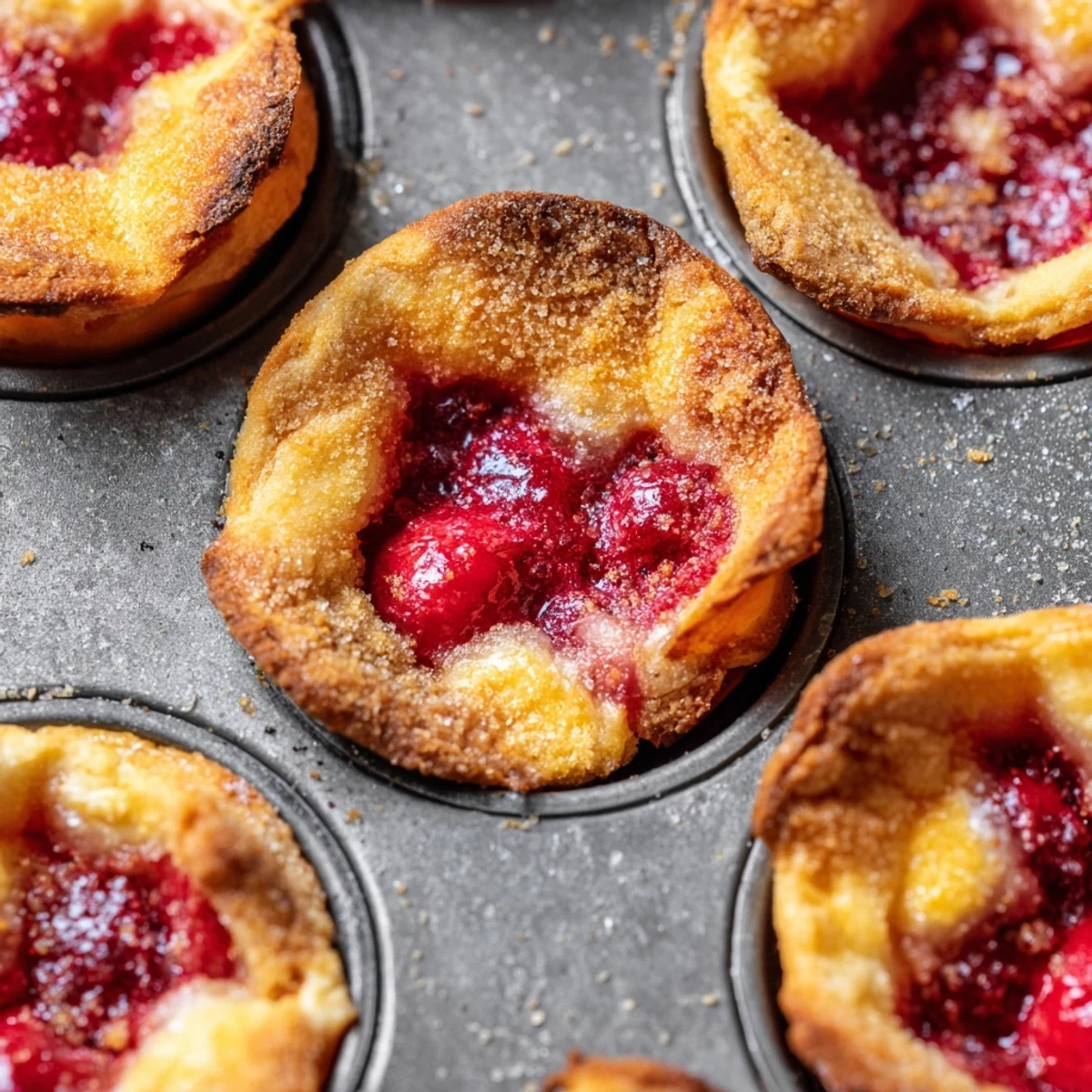 Golden cherry pie bites with bubbling red fruit filling nestled in buttery mini pastry cups