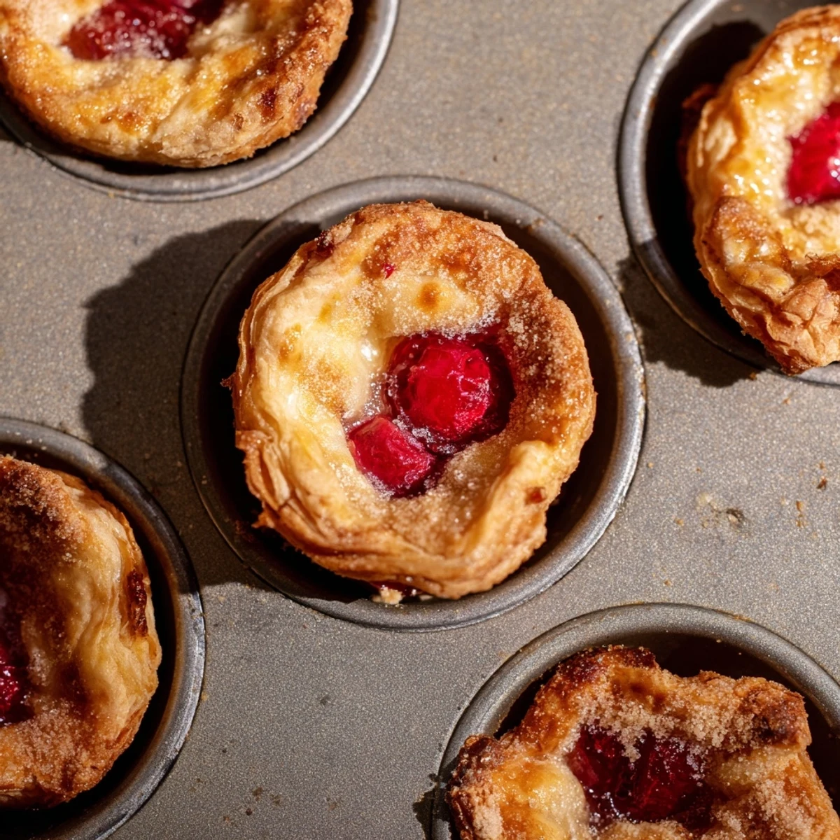 Freshly baked cherry pie bites arranged on a white plate with glossy cherry centers