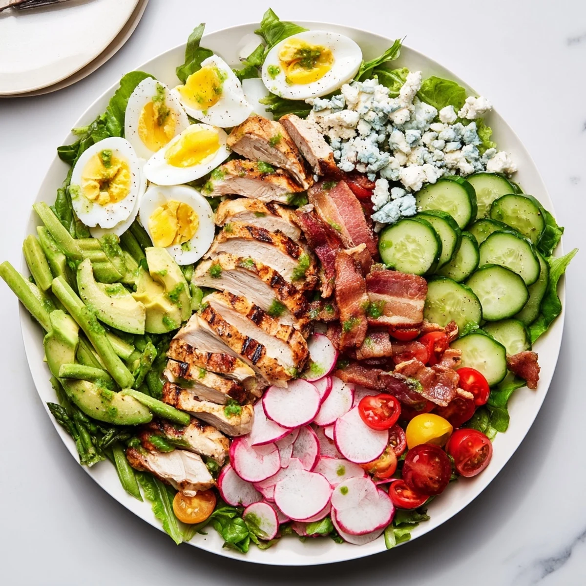 Colorful Spring Cobb Salad arranged with grilled chicken, hard-boiled eggs, crispy bacon, and fresh vegetables on a large white serving platter