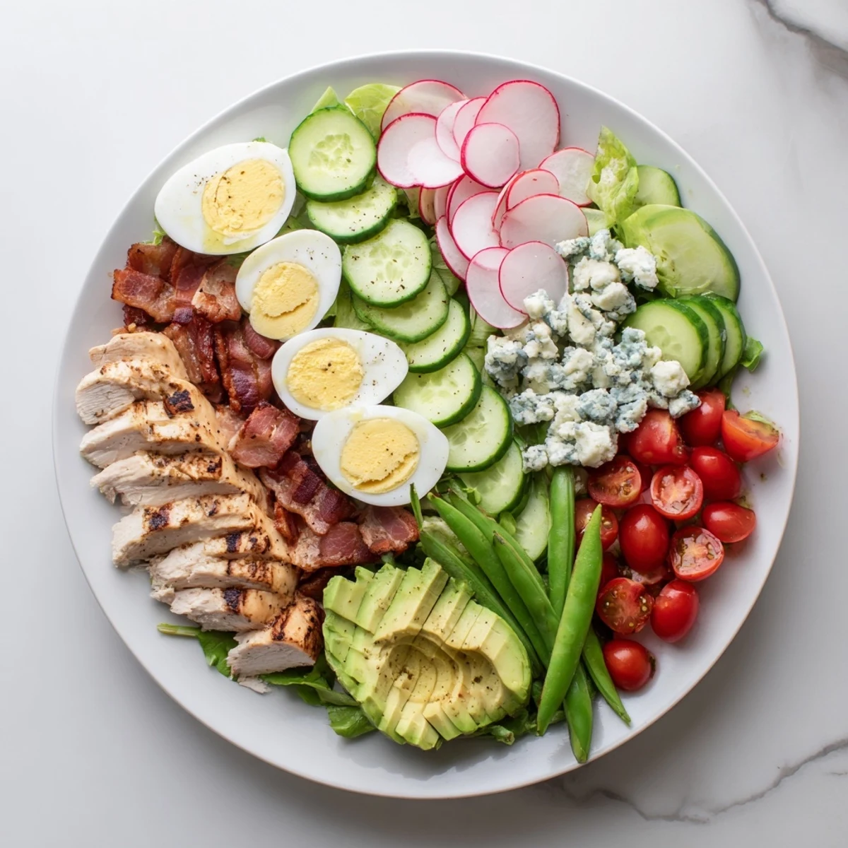 Fresh Spring Cobb Salad featuring crisp snap peas, radishes, cucumber, cherry tomatoes, sliced avocado, and crumbled blue cheese over mixed spring greens