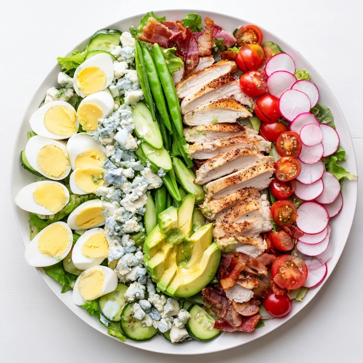 Vibrant Spring Cobb Salad topped with tangy herb vinaigrette, showcasing rows of seasonal produce and protein on rustic wooden board
