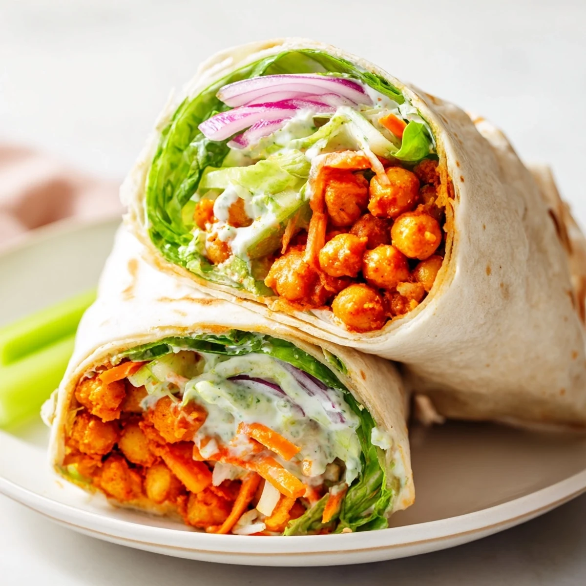 Golden buffalo chickpea wraps filled with crisp lettuce, crunchy vegetables, and creamy dressing