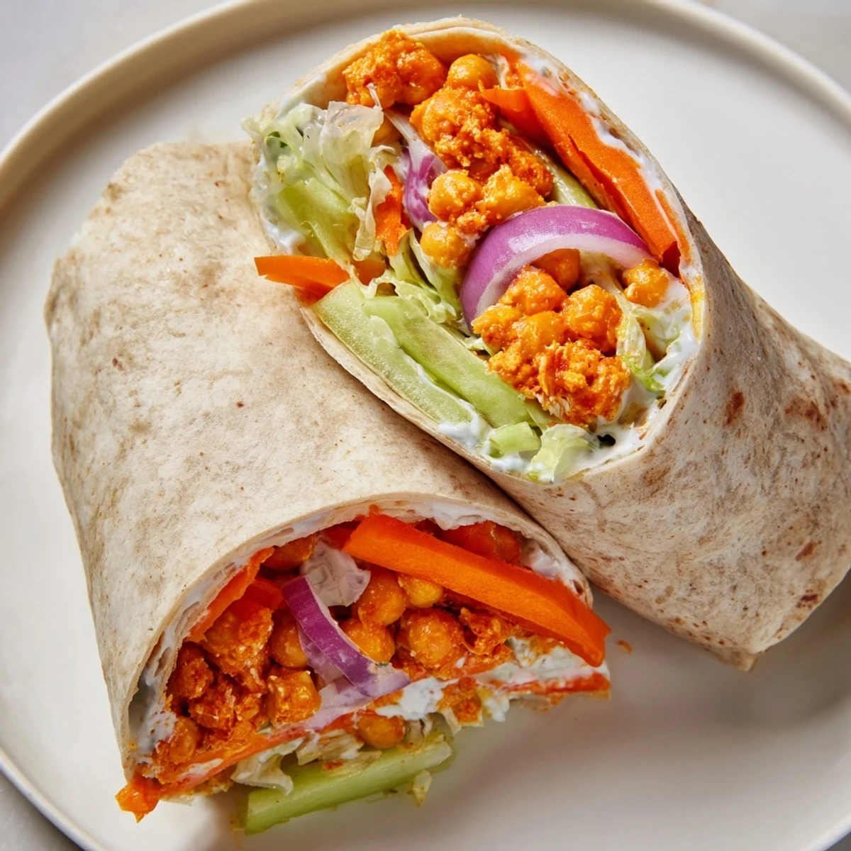 Flour tortilla bursting with saucy buffalo chickpeas and colorful vegetable medley for lunch