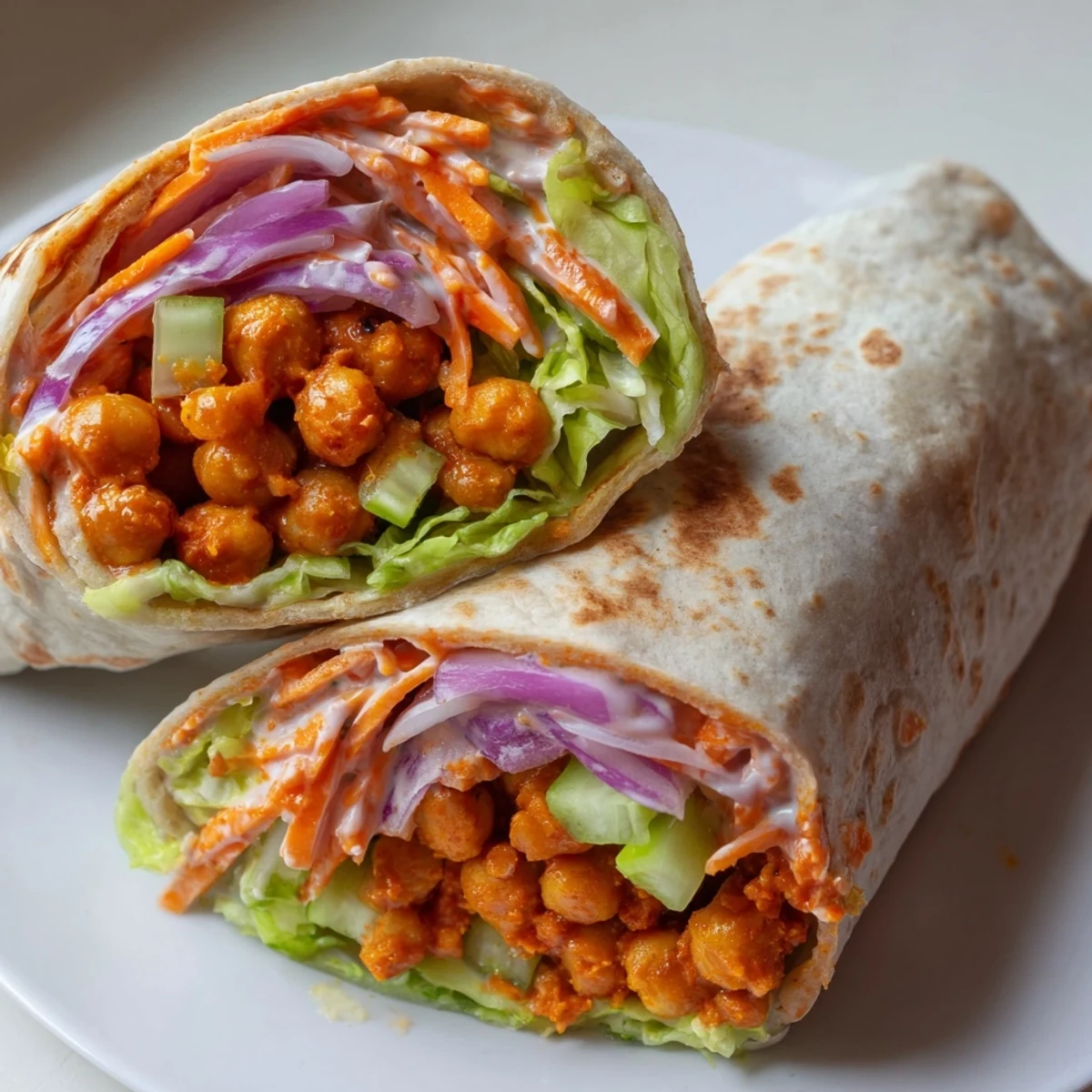 Spicy buffalo chickpea wrap rolled with fresh carrots, celery, and tangy ranch drizzle