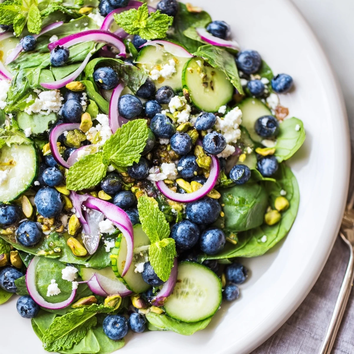 Fresh Blueberry Pistachio Spring Salad with juicy blueberries, crunchy pistachios, and spring greens drizzled with light lemon-honey vinaigrette