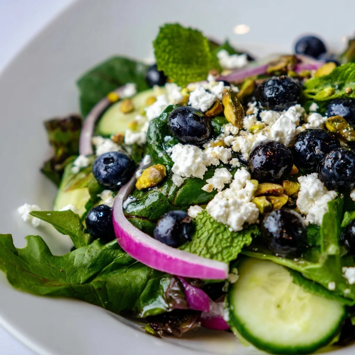 Colorful Blueberry Pistachio Spring Salad plated with fresh greens, sweet blueberries, crumbled feta, and aromatic mint on white serving dish