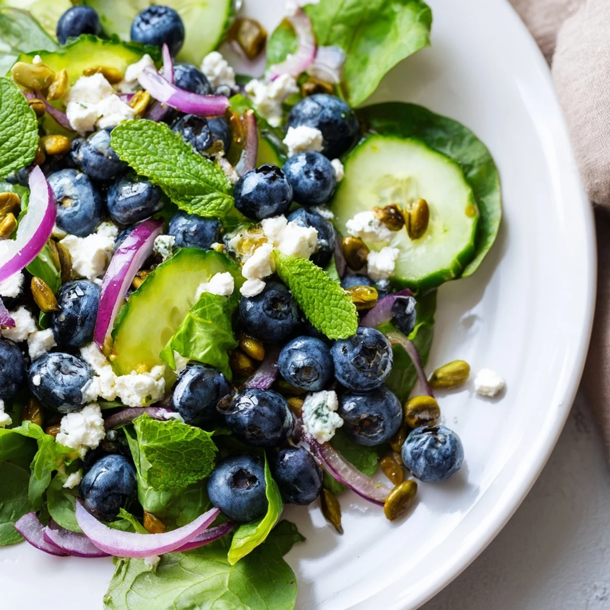 Vibrant salad bowl featuring blueberries, toasted pistachios, crisp cucumber, feta cheese, and fresh mint leaves in tangy dressing