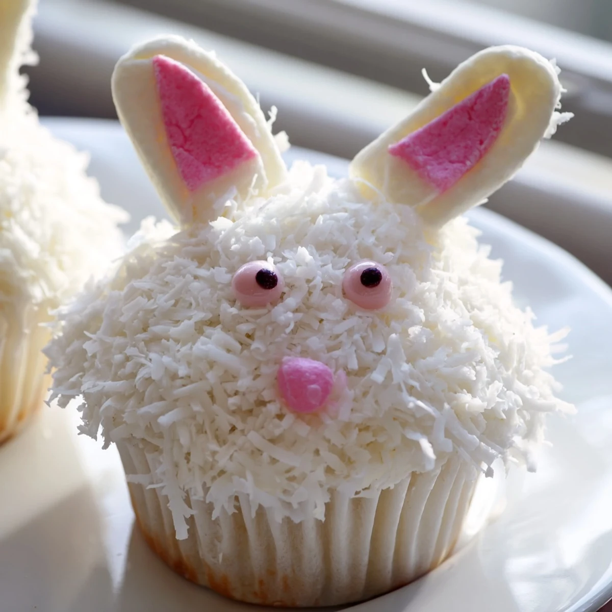 Adorable bunny cupcakes topped with fluffy coconut fur and pink marshmallow ears for Easter