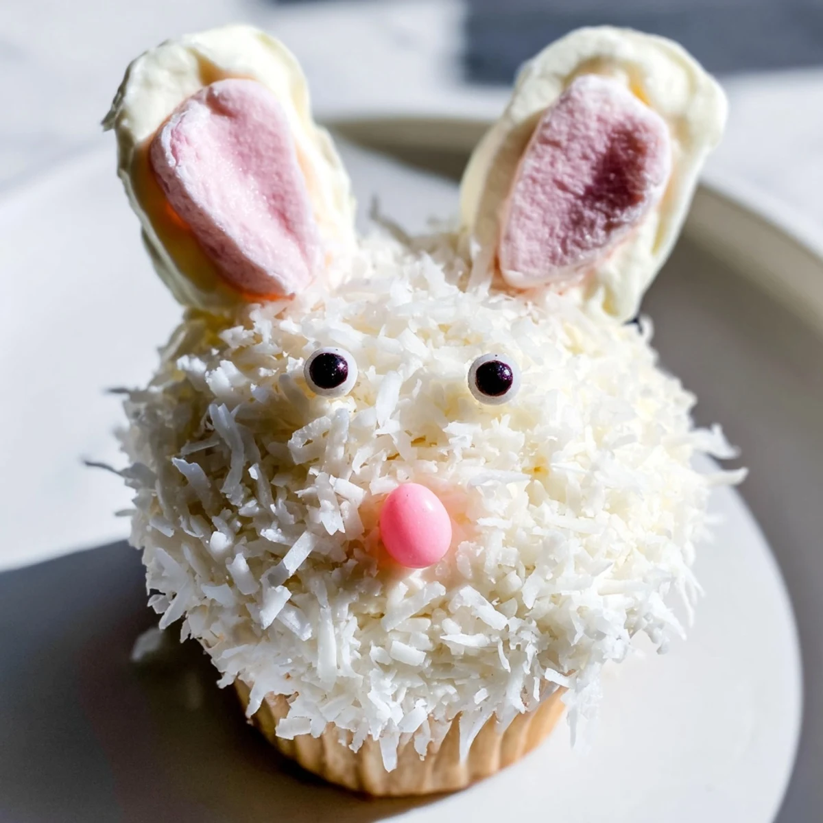 Vanilla bunny cupcakes decorated with candy eyes, pink jelly bean noses, and shredded coconut