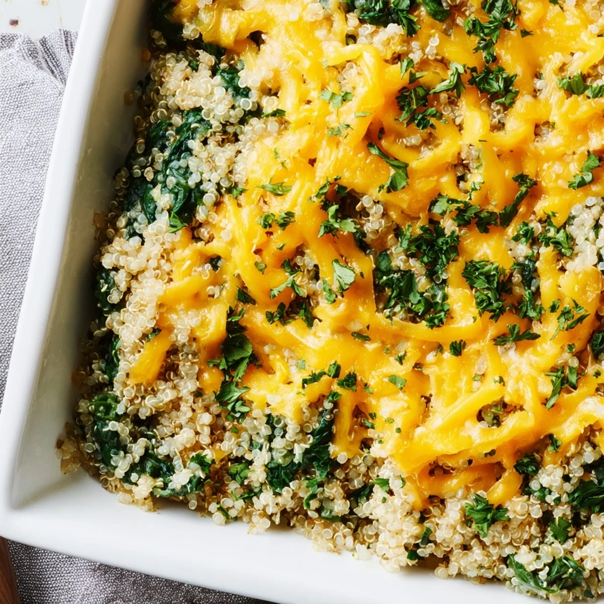 Golden brown quinoa spinach and egg bake with melted cheddar cheese topping