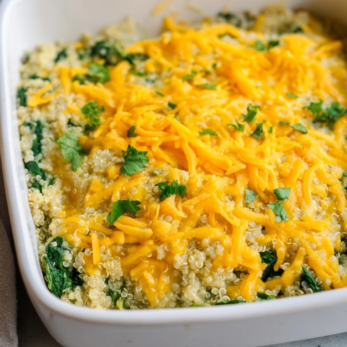 Fluffy baked quinoa casserole with wilted spinach and eggs in square dish