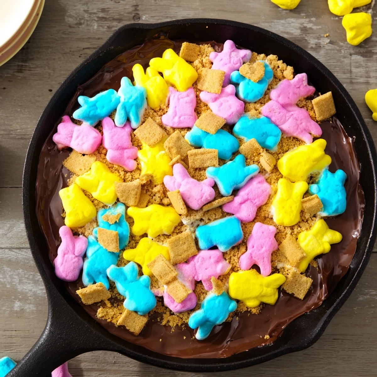 Golden toasted Peeps nestled over melted chocolate in a cast iron skillet, ready for dipping with graham crackers