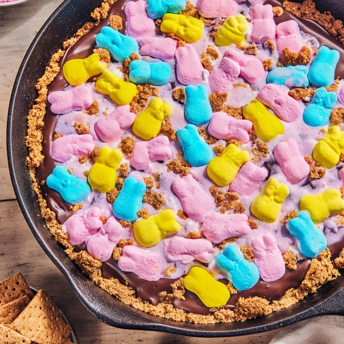 Vibrant Easter candies melting into rich semi-sweet chocolate, served warm with crunchy graham cracker pieces for scooping