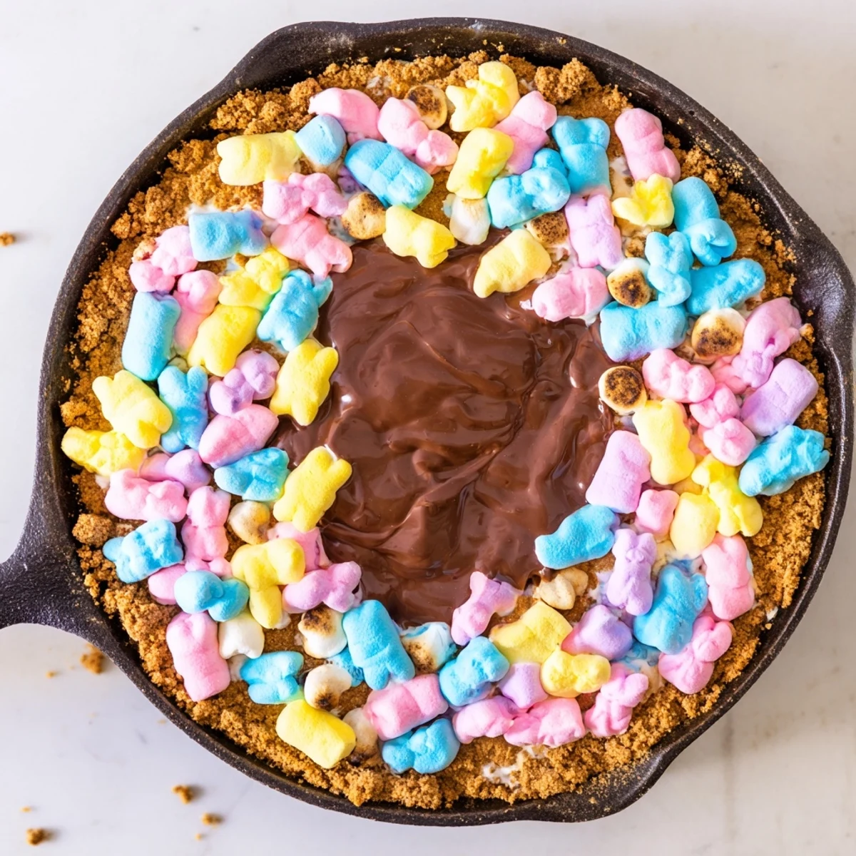 Colorful marshmallow chicks puff up beautifully over gooey chocolate chips in this oven-baked Peeps skillet smores dessert