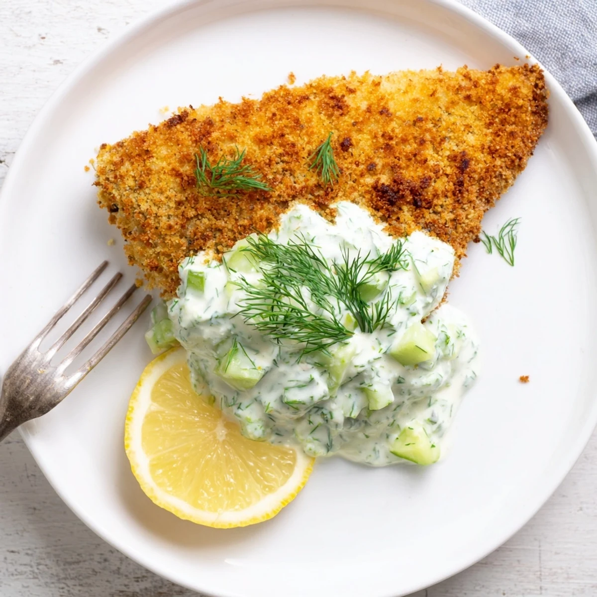 Golden crispy oven baked crumbed fish fillets topped with fresh dill and served alongside creamy cucumber yoghurt sauce