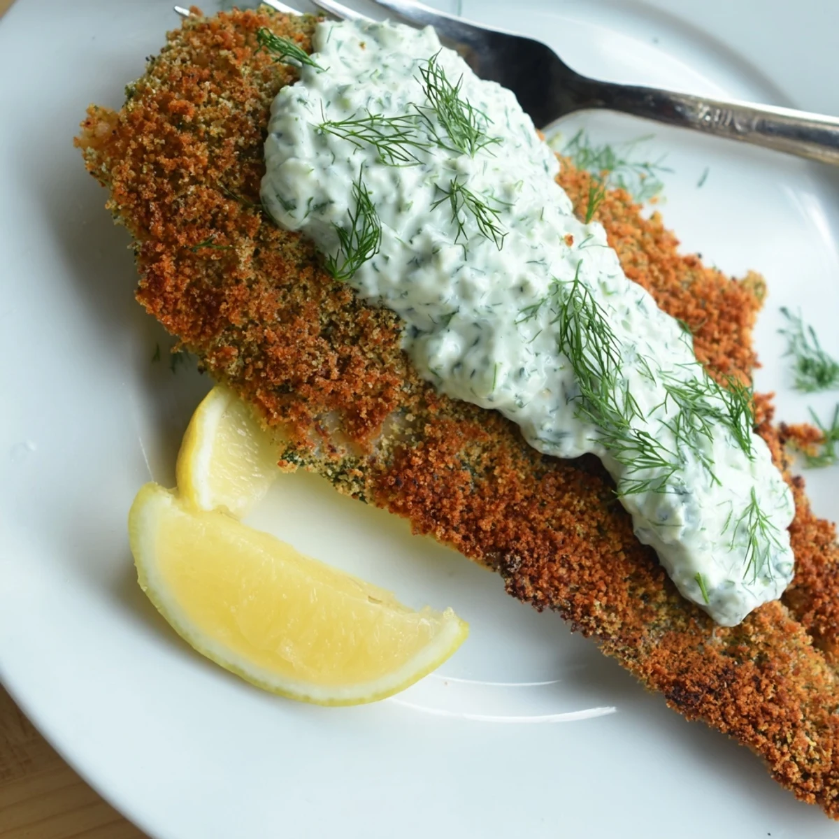 Crispy oven baked crumbed fish on a white plate with refreshing dill lemon cucumber yoghurt sauce spooned over top