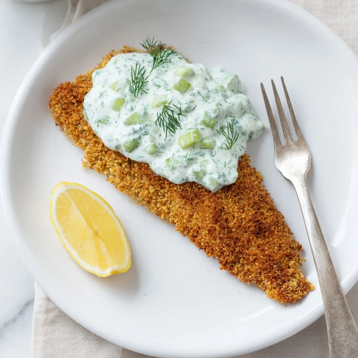 Baked fish fillets coated in crunchy panko crumbs with zesty lemon and cooling dill cucumber yoghurt dip