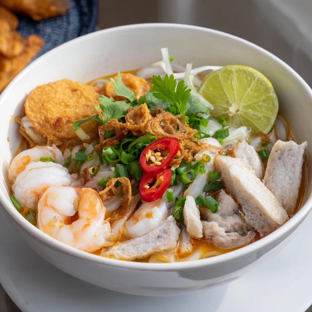 Steaming bowl of banh canh cua with thick tapioca noodles topped with fresh crab meat, shrimp, and aromatic herbs