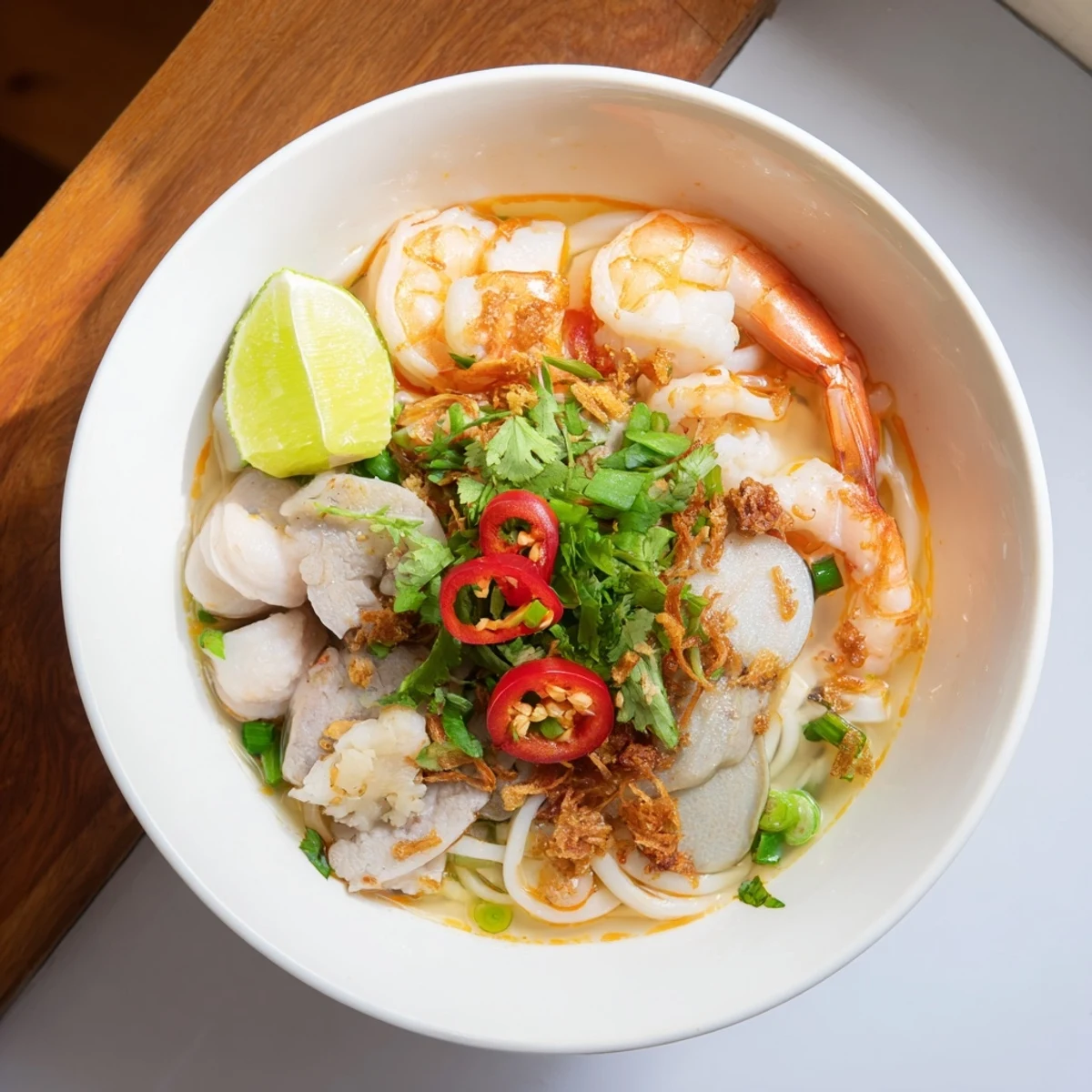 Rich banh canh cua featuring succulent crab, sliced fish cakes, and chewy noodles in savory clear broth