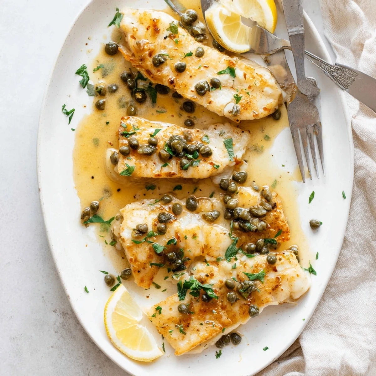 Golden pan-seared cod piccata with tender flakes topped in bright lemon caper butter sauce and fresh parsley garnish