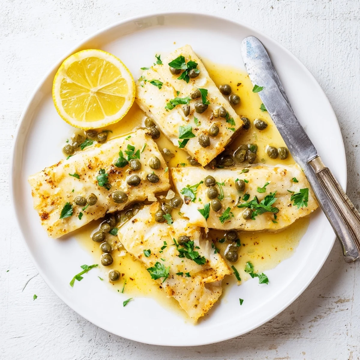 Italian-American cod piccata main dish featuring golden brown fish drizzled with glossy garlic lemon butter and parsley sprinkles