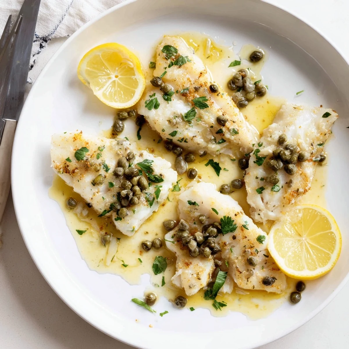 Crispy flour-dredged cod fillets swimming in creamy white wine lemon sauce with scattered capers over a white plate