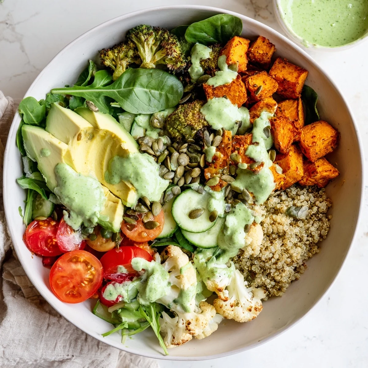 Colorful Healthy Green Goddess Veggie Bowl with roasted vegetables and creamy herb dressing drizzled over fresh greens and grains