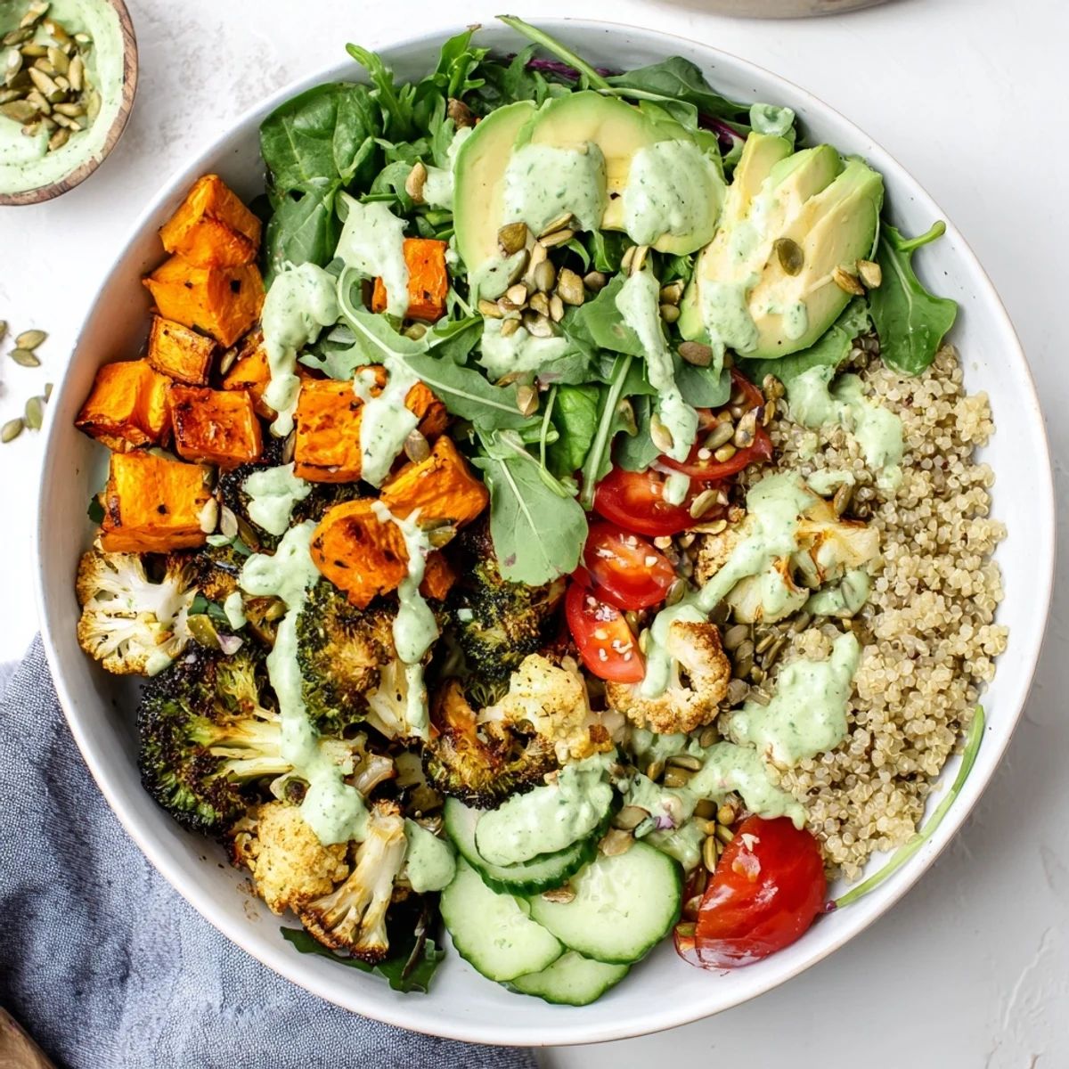 Nutritious Healthy Green Goddess Veggie Bowl arranged with roasted broccoli, cauliflower, and fresh vegetables in a layered serving bowl