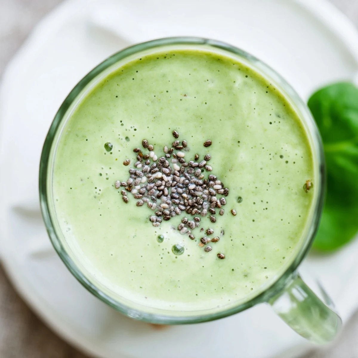 Creamy green Greek yogurt avocado smoothie poured into a tall glass with ice cubes