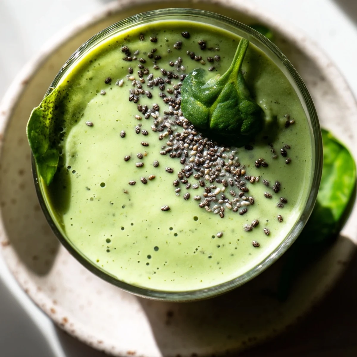 Healthy Greek yogurt avocado smoothie topped with chia seeds and sliced fresh fruit