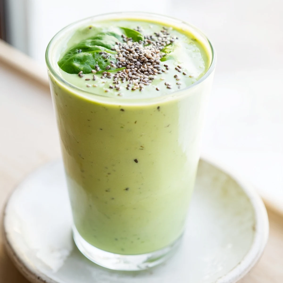 Thick and velvety Greek yogurt avocado smoothie blended with fresh spinach and banana